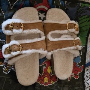 Tory Burch Tan Shearling Slippers with Gold Buckles